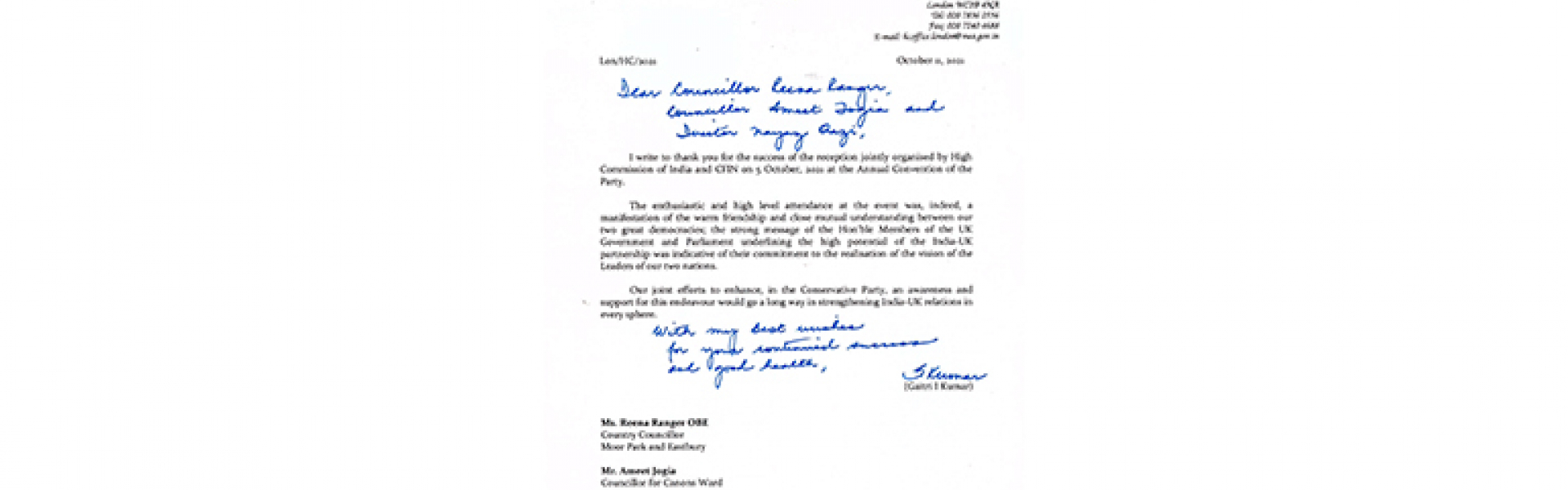 Thank you letter from High Commissioner of India, H.E. Gaitri Issar Kumar