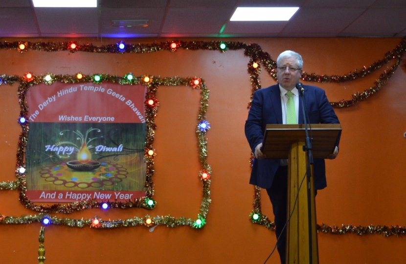 Conservative Party Chairman Patrick McLoughlin gives a speech at the Geeta Bhawan temple in Derby