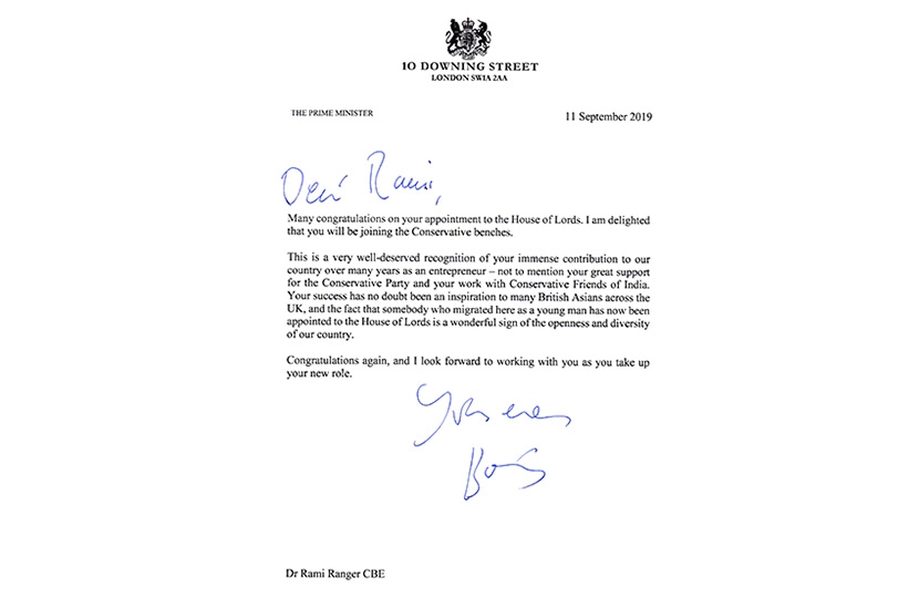 Letter from PM to Dr. Rami Ranger CBE