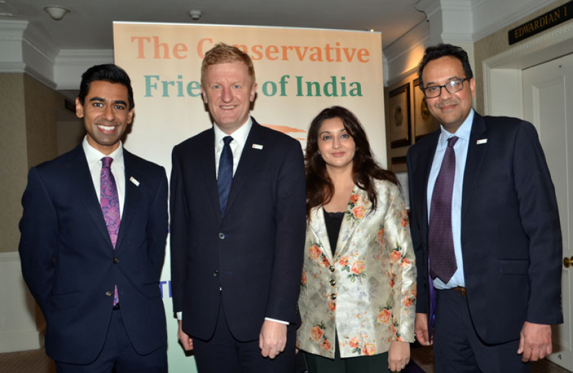 The Chairman of The Conservative Party The Rt Hon Oliver Dowden MP with CF India Co-Chairs Cllr Reena Ranger OBE, Cllr Ameet Jogia and CF India Director Nayaz Qazi