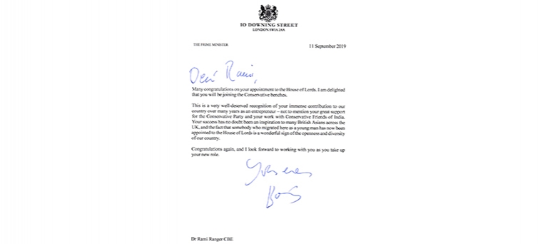 Letter from The Prime Minister to Dr. Rami Ranger CBE